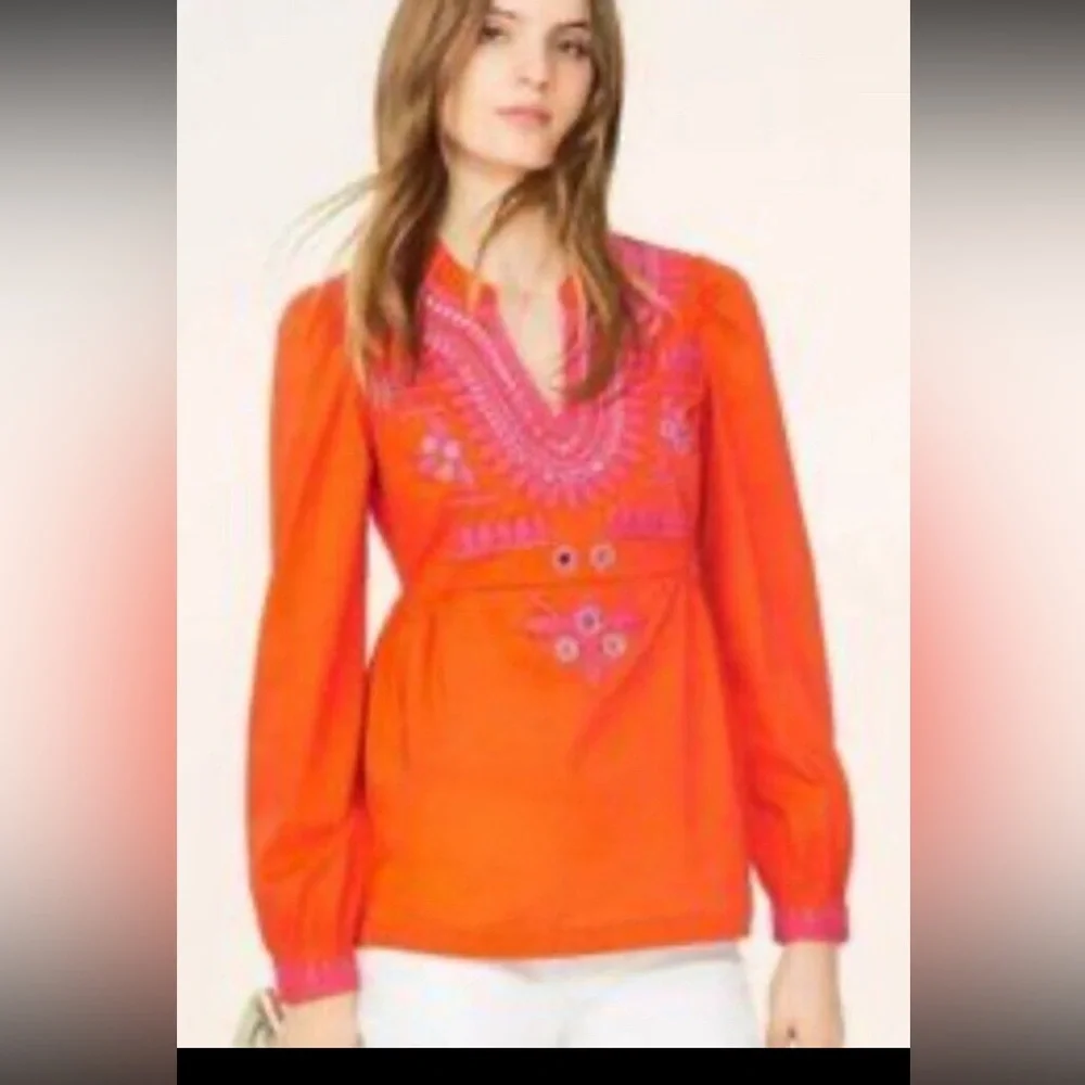 Tory Burch 4 Claudia Orange Pink Embroidered Embellished Tunic Blouse BIn-U